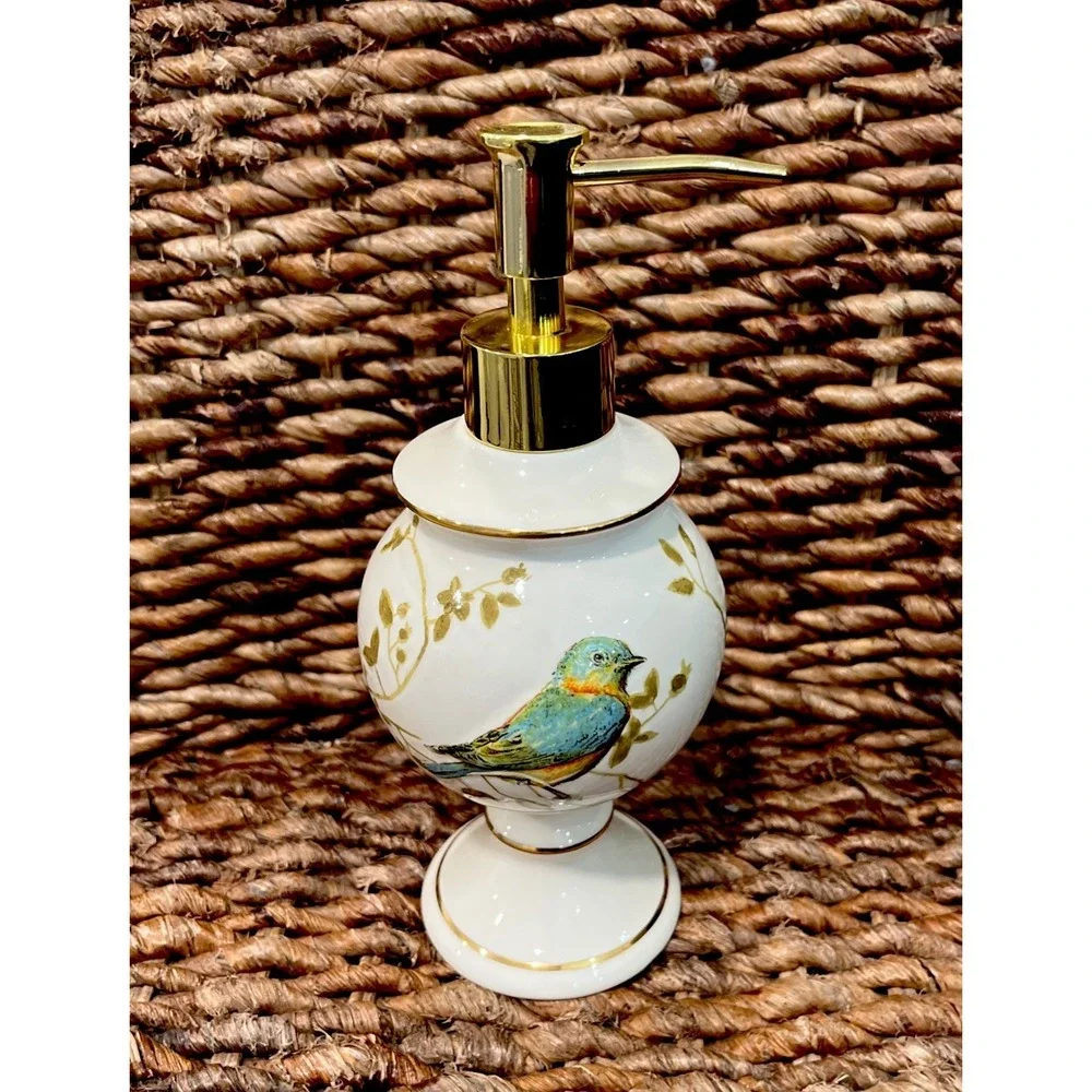 Gilded Birds 3 pc Bathroom Set Soap Dish Lotion Dispenser Toothbrush Holder NWT!